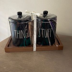 Rae Dunn THINGS and STUFF SET Ceramic Containers with Wood Tray Canisters